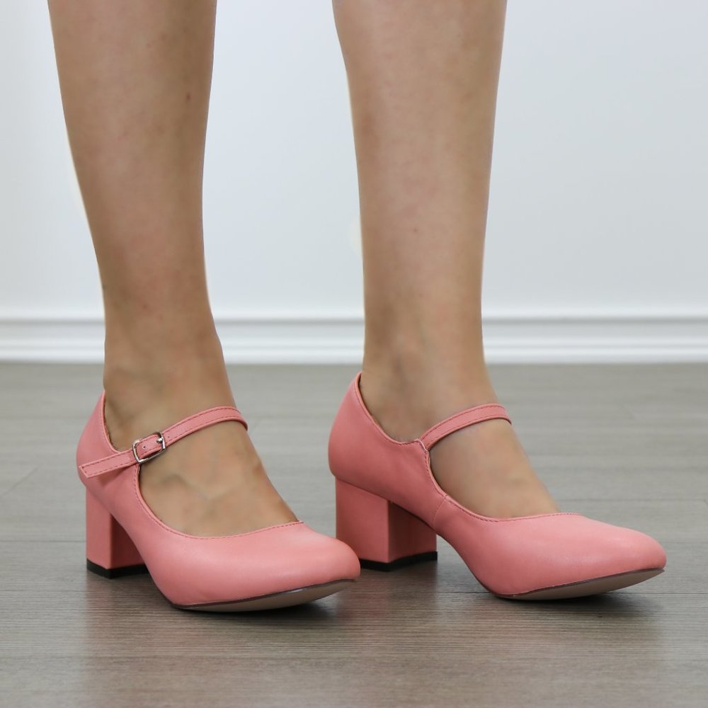 Block Heel Vintage Peach Rockabilly Style Pumps - Picture 6 of 7
